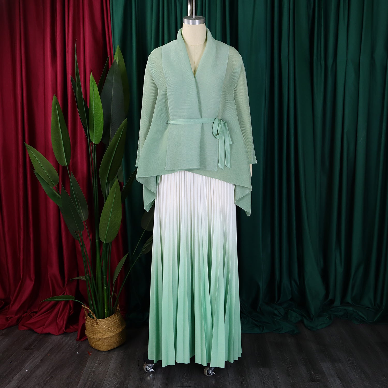 C8610 African Plus Size Women's Spring New Fashion Strap Batwing Top Gradient Color-changing Skirt Two-piece Set
