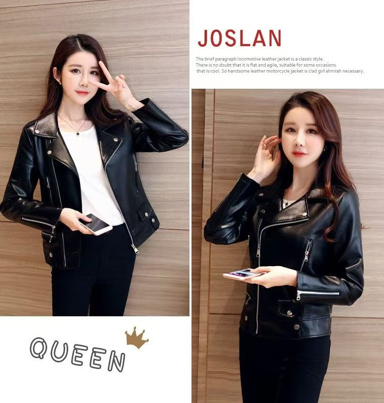 2025 Spring and Autumn New Korean Style Short Women's PU Leather Jacket, Plus Size Slim Motorcycle Jacket, Small Leather Jacket