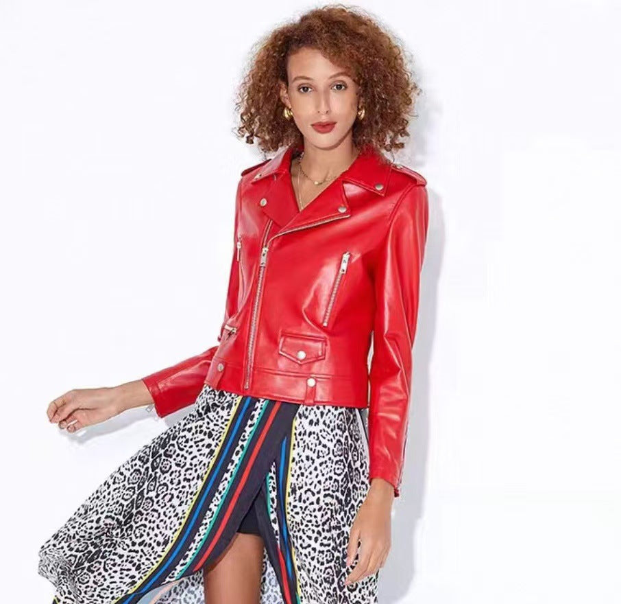 2025 Spring and Autumn New Korean Style Short Women's Pu Women's Large Size Leather Jacket Slim Motorcycle Jacket Small Leather Jacket
