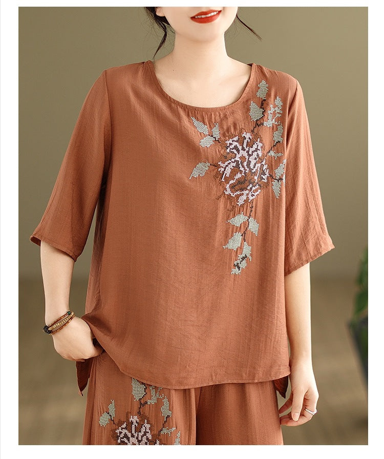 Spring and summer 2025 new round neck short sleeve embroidered cotton and linen top elastic waist nine casual wide leg pants two-piece set