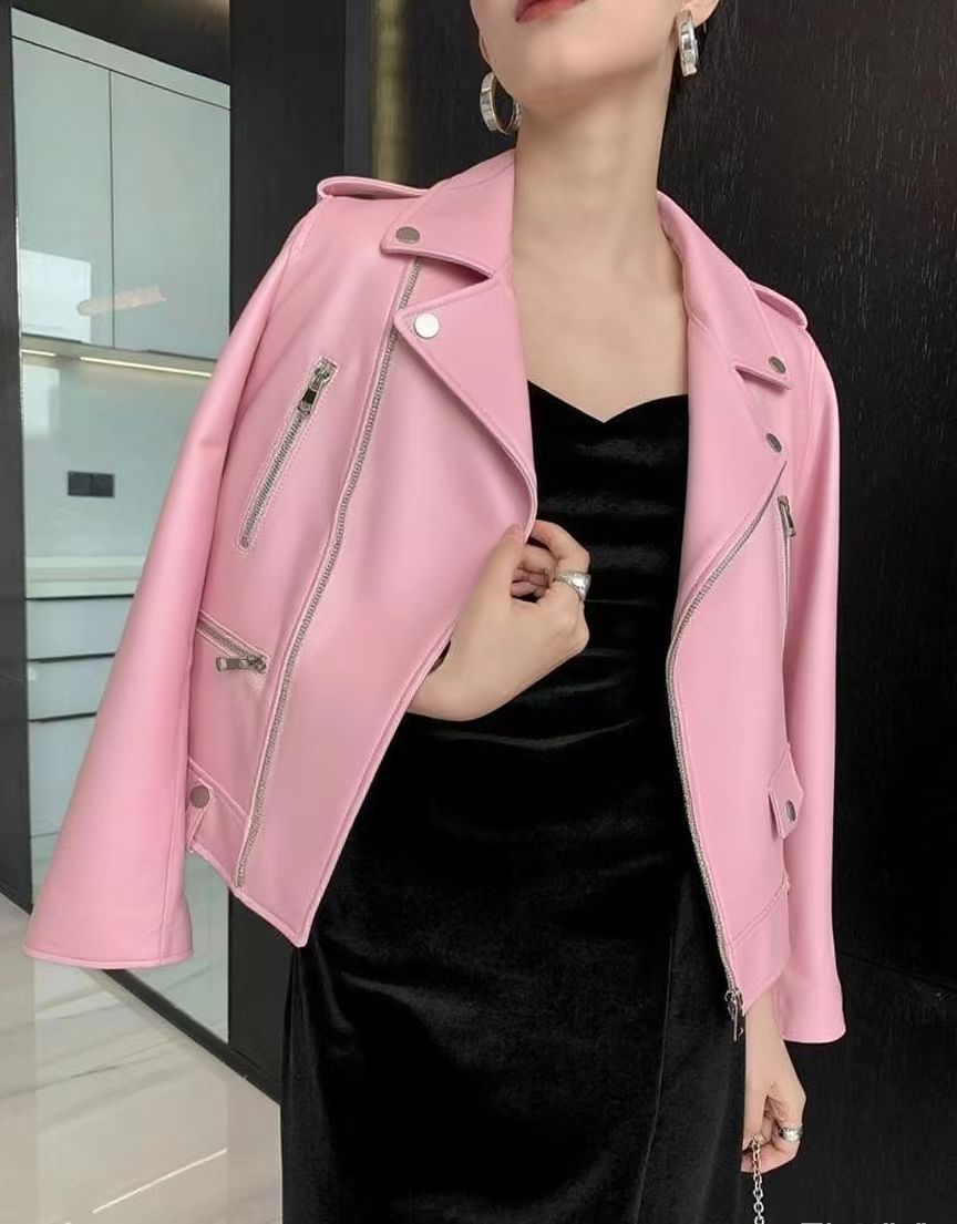 2025 Spring and Autumn New Korean Style Short Women's Pu Women's Large Size Leather Jacket Slim Motorcycle Jacket Small Leather Jacket