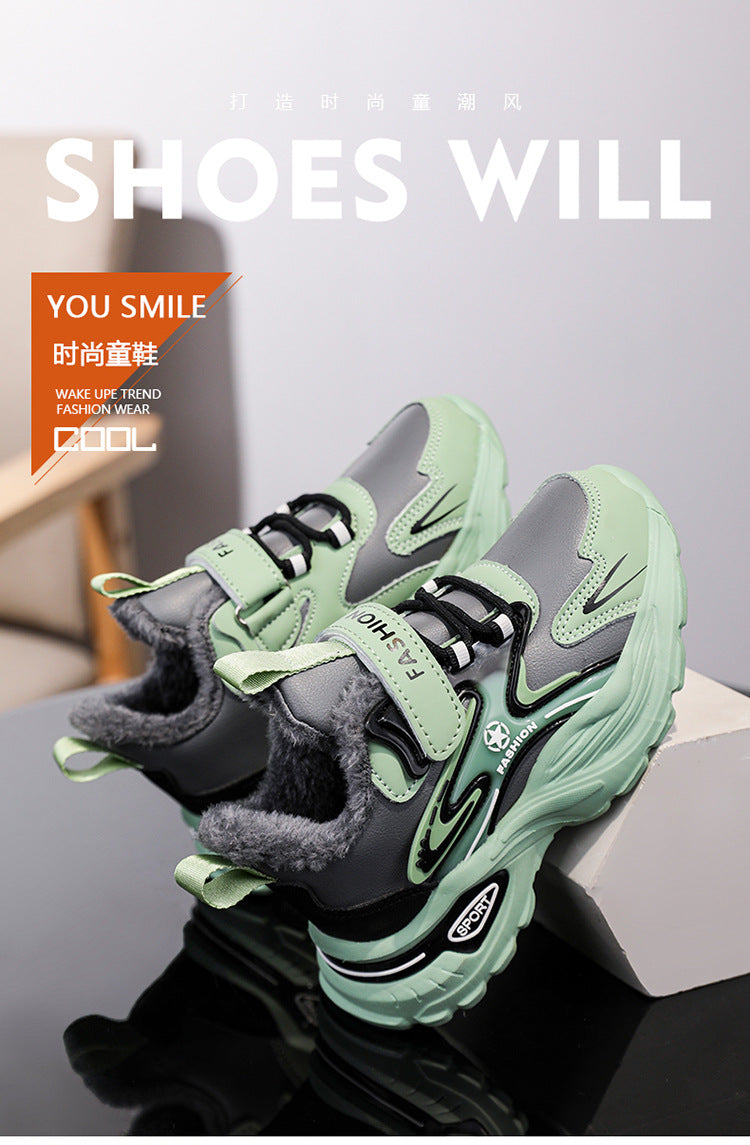 Autumn and Winter Leather Children's sneaker Boys fleece-lined Cotton Shoes Student Dad's Shoes Running Shoes Warm Snow Shoes Children's Shoes