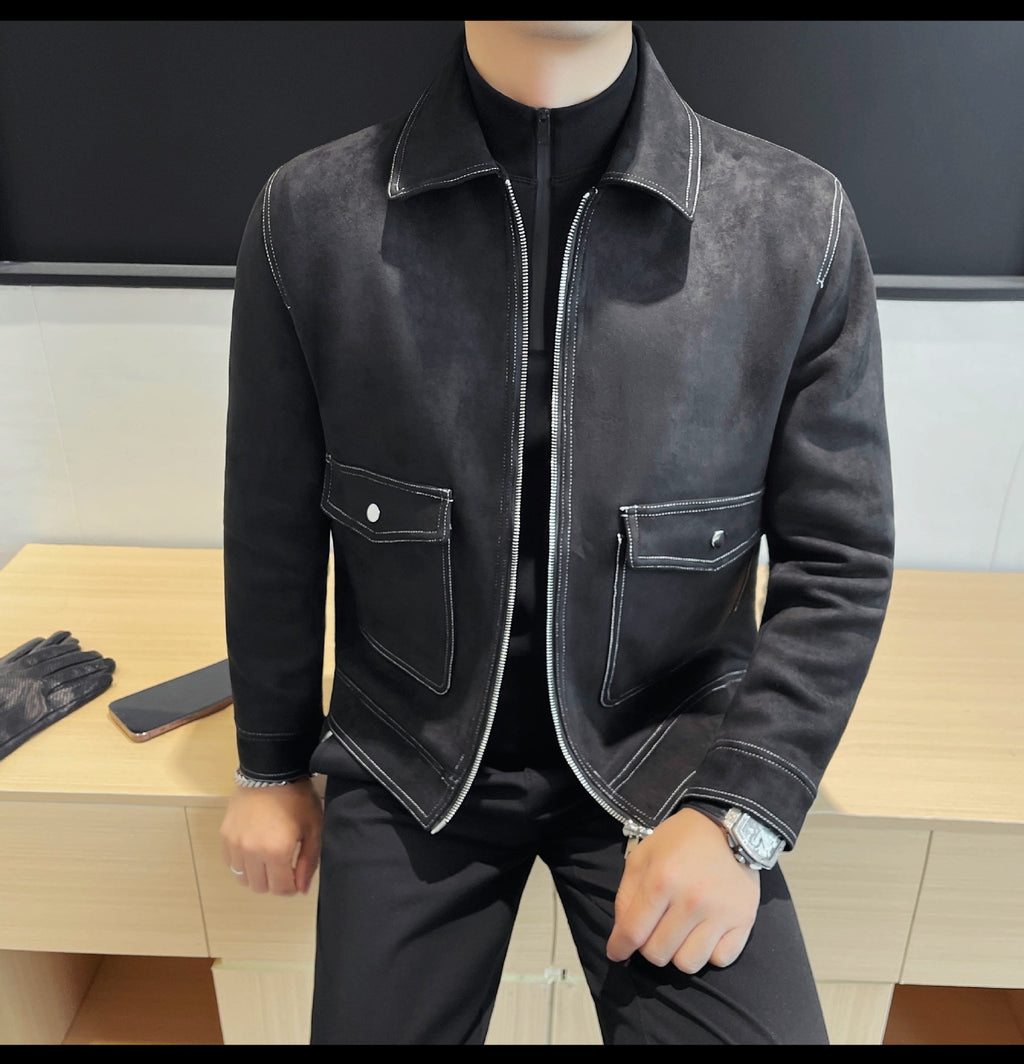 Autumn and Winter New Men's Jacket Coat Fur Fleece Large Pocket Lapel Solid Color Copper Zipper Casual Jacket Top