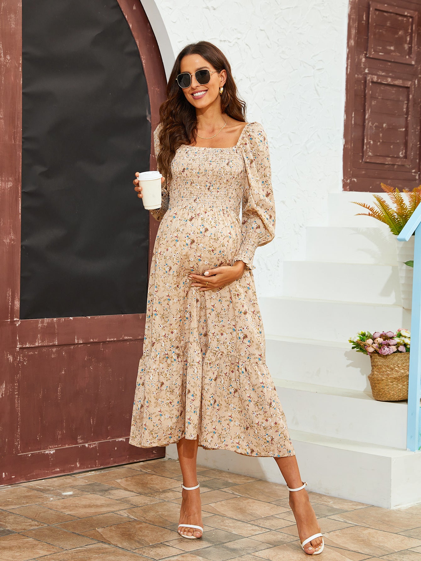 Swintager 2026 Spring New Maternity Chiffon Dress Small Floral Dress Amazon Long-Sleeved Dress