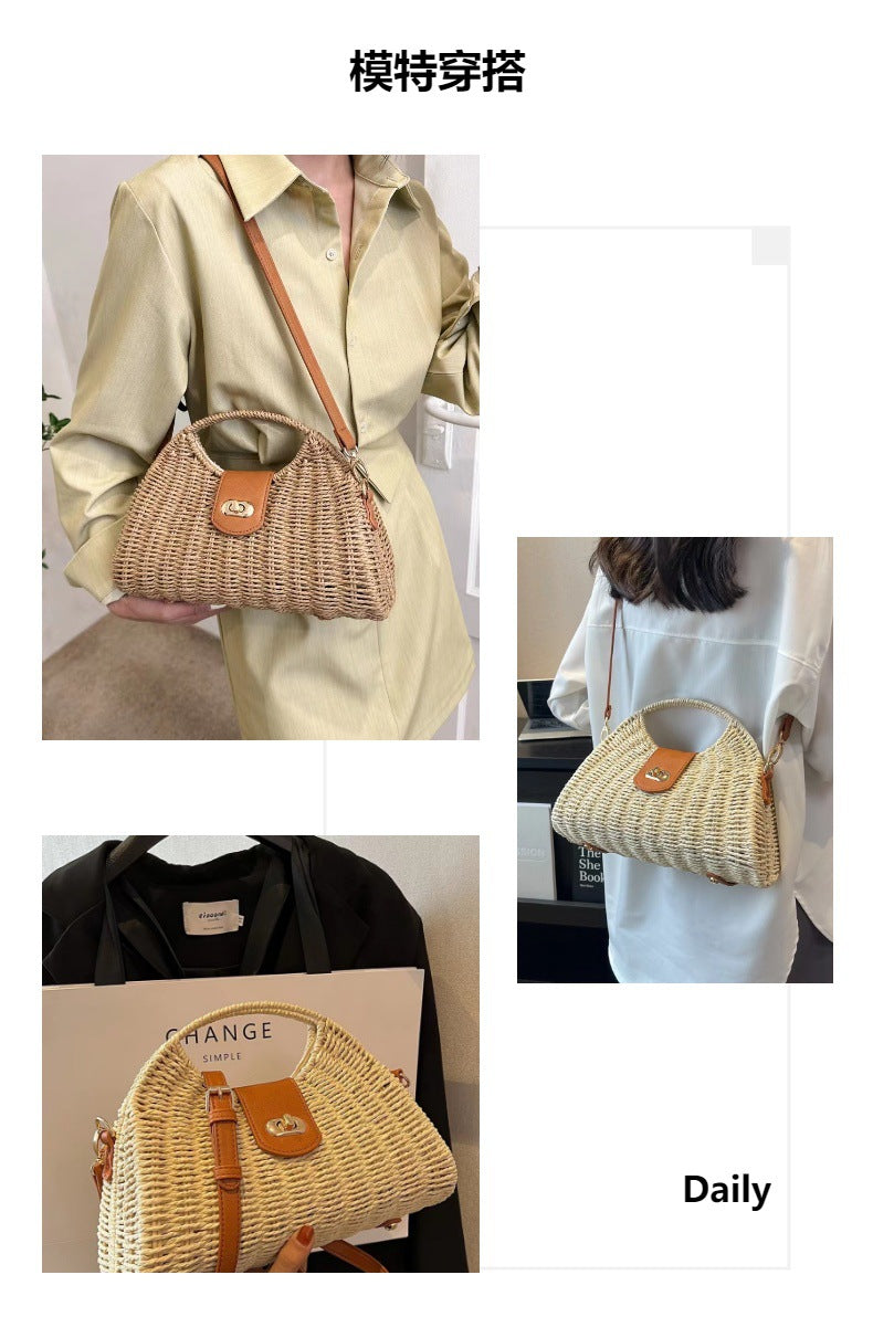 One Piece Hair Woven Bag Women's Bamboo Woven Bag Rattan Woven Bag Seaside Beach Portable Large Capacity Crossbody Bag Tote Bag