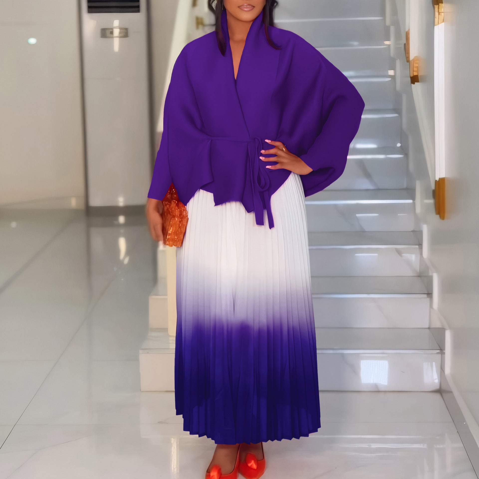 C8610 African plus size Women's Spring New Fashion Strap Bat Sleeve Top Gradient Color-changing Skirt Two-piece Set
