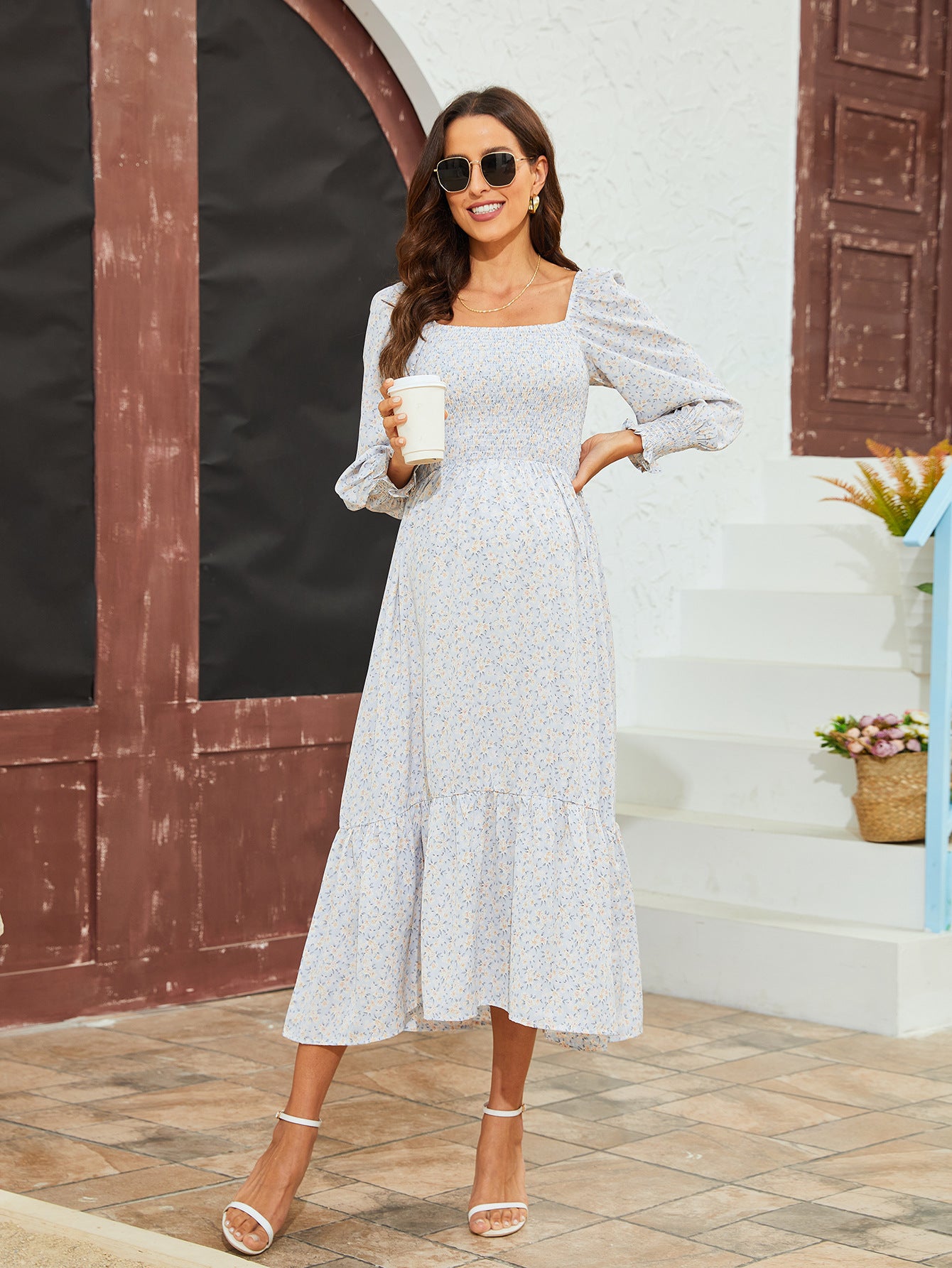 Swintager 2026 Spring New Maternity Chiffon Dress Small Floral Dress Amazon Long-Sleeved Dress