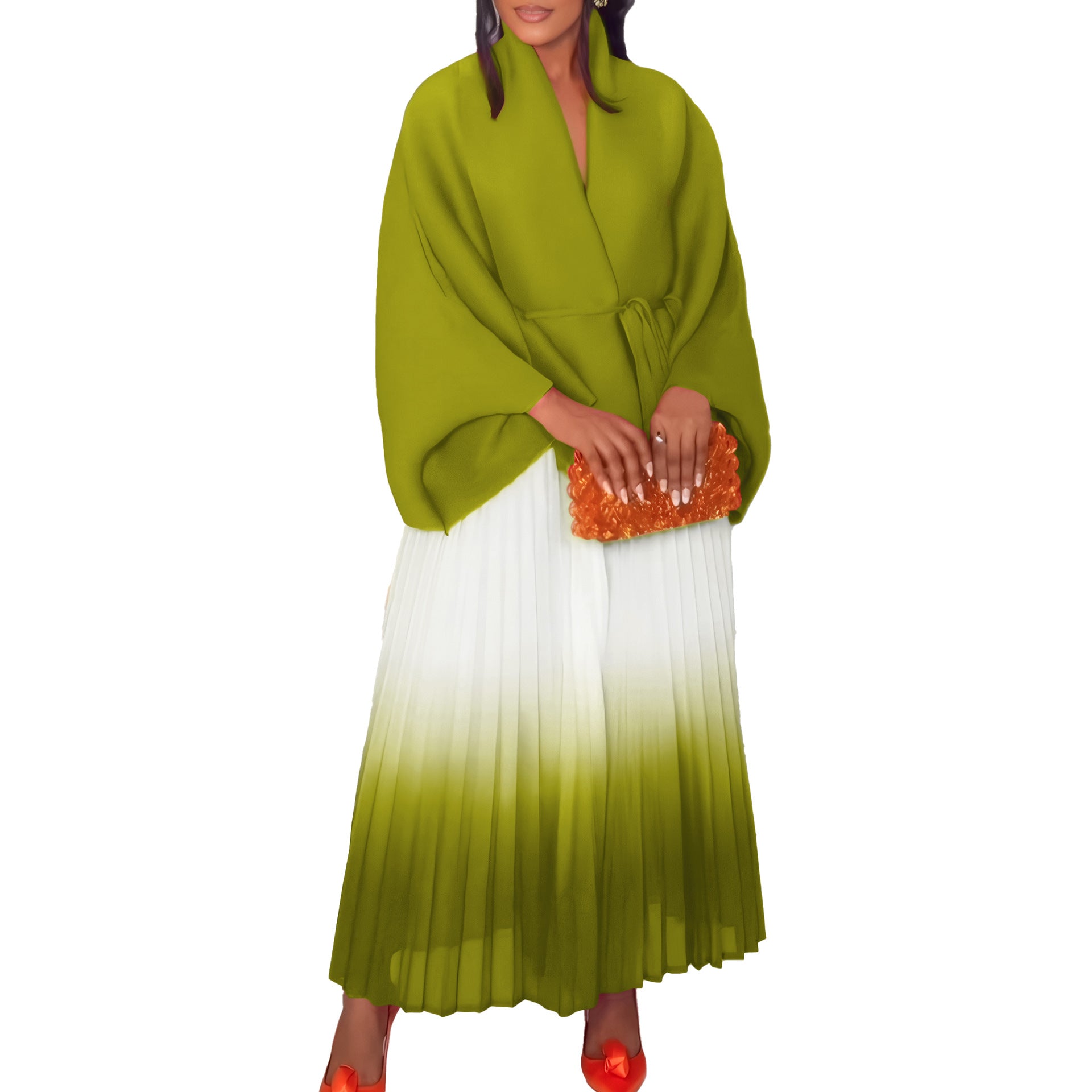 C8610 African plus size Women's Spring New Fashion Strap Bat Sleeve Top Gradient Color-changing Skirt Two-piece Set