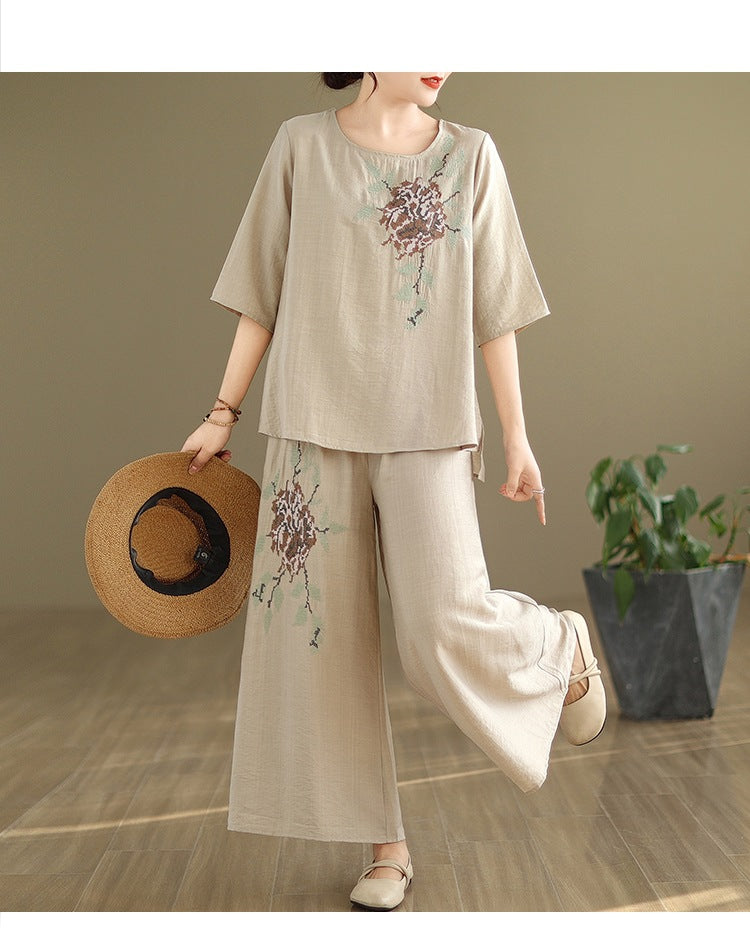 Spring and summer 2025 new round neck short sleeve embroidered cotton and linen top elastic waist nine casual wide leg pants two-piece set