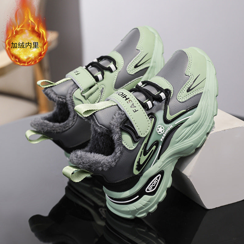 Autumn and Winter Leather Children's sneaker Boys fleece-lined Cotton Shoes Student Dad's Shoes Running Shoes Warm Snow Shoes Children's Shoes