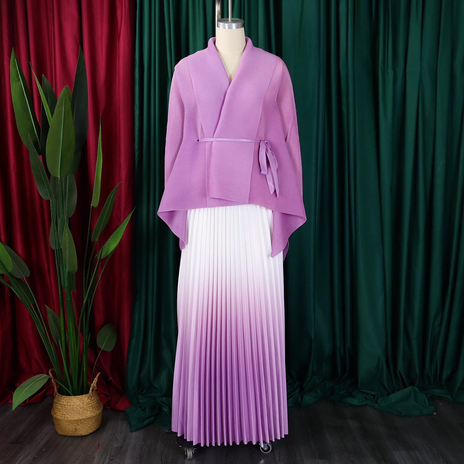 C8610 African Plus Size Women's Spring New Fashion Strap Batwing Top Gradient Color-changing Skirt Two-piece Set