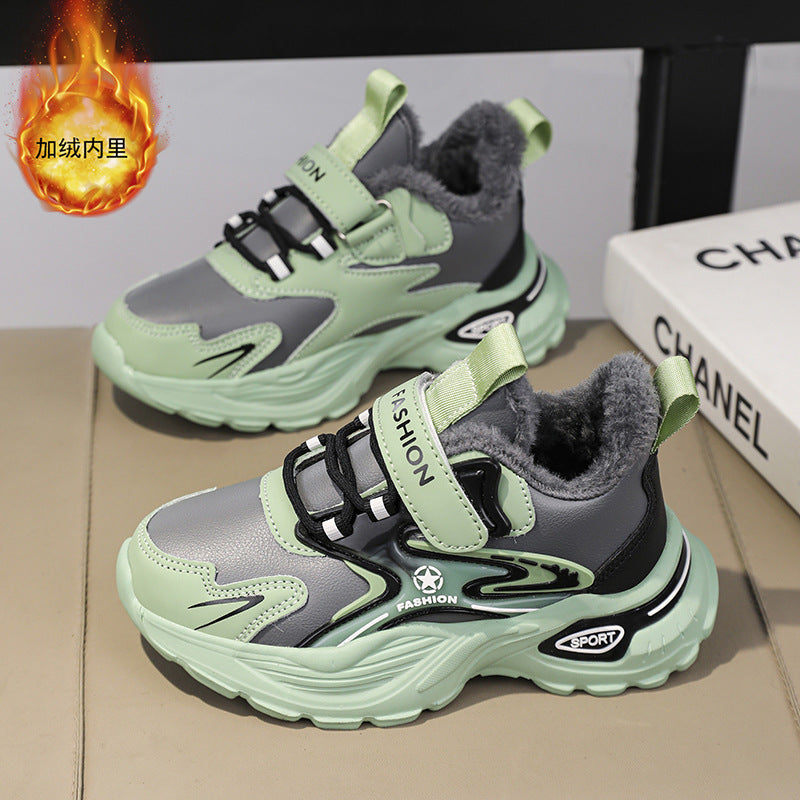 Autumn and Winter Leather Children's sneaker Boys fleece-lined Cotton Shoes Student Dad's Shoes Running Shoes Warm Snow Shoes Children's Shoes