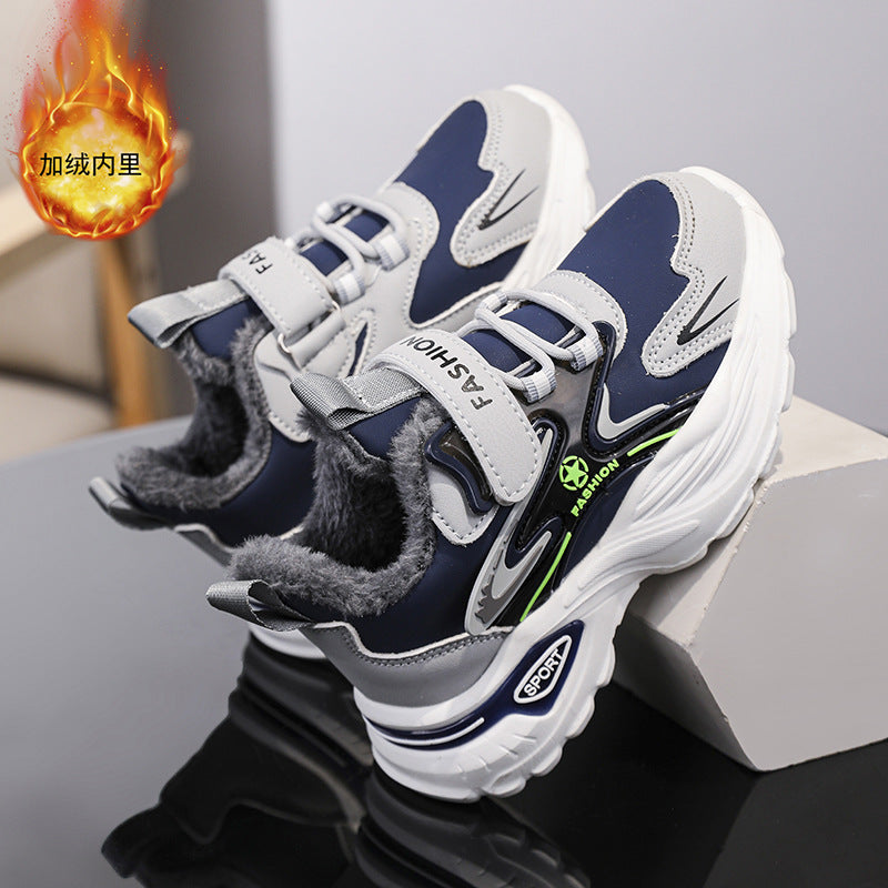 Autumn and Winter Leather Children's sneaker Boys fleece-lined Cotton Shoes Student Dad's Shoes Running Shoes Warm Snow Shoes Children's Shoes