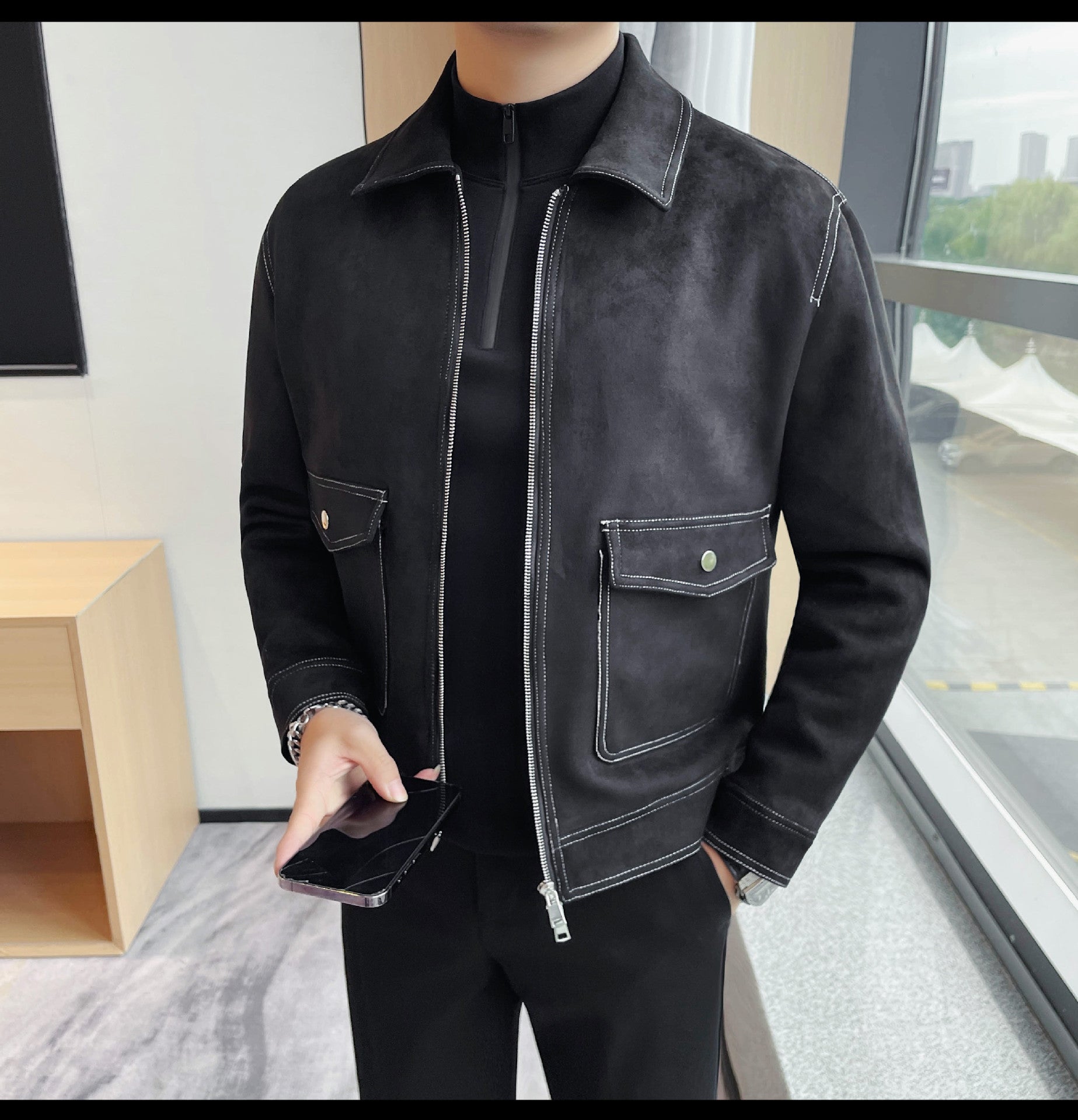Autumn and Winter New Men's Jacket Coat Fur Fleece Large Pocket Lapel Solid Color Copper Zipper Casual Jacket Top