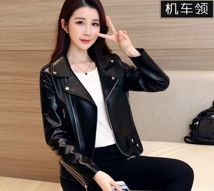 2025 Spring and Autumn New Korean Style Short Women's PU Leather Jacket, Plus Size Slim Motorcycle Jacket, Small Leather Jacket