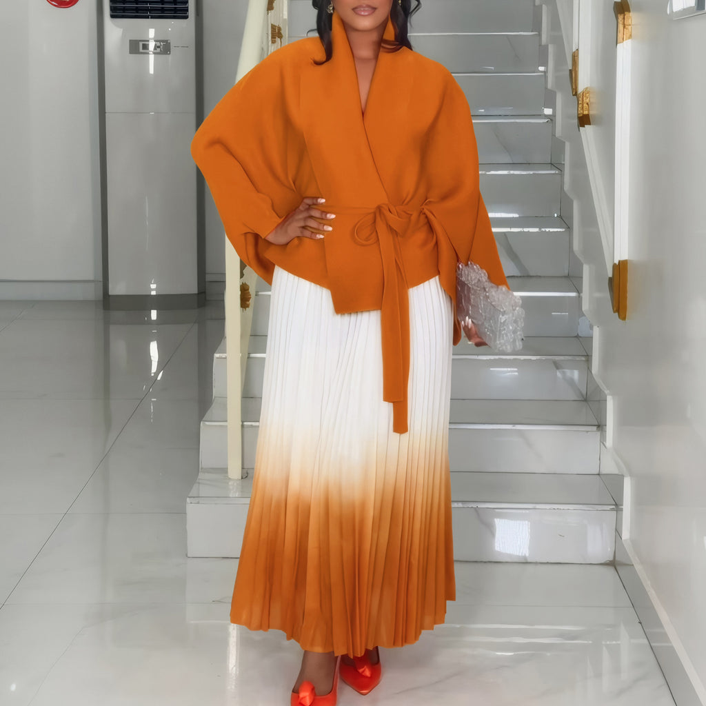 C8610 African plus size Women's Spring New Fashion Strap Bat Sleeve Top Gradient Color-changing Skirt Two-piece Set