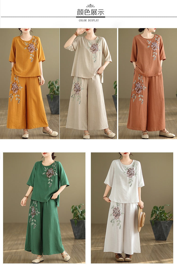 Spring and summer 2025 new round neck short sleeve embroidered cotton and linen top elastic waist nine casual wide leg pants two-piece set