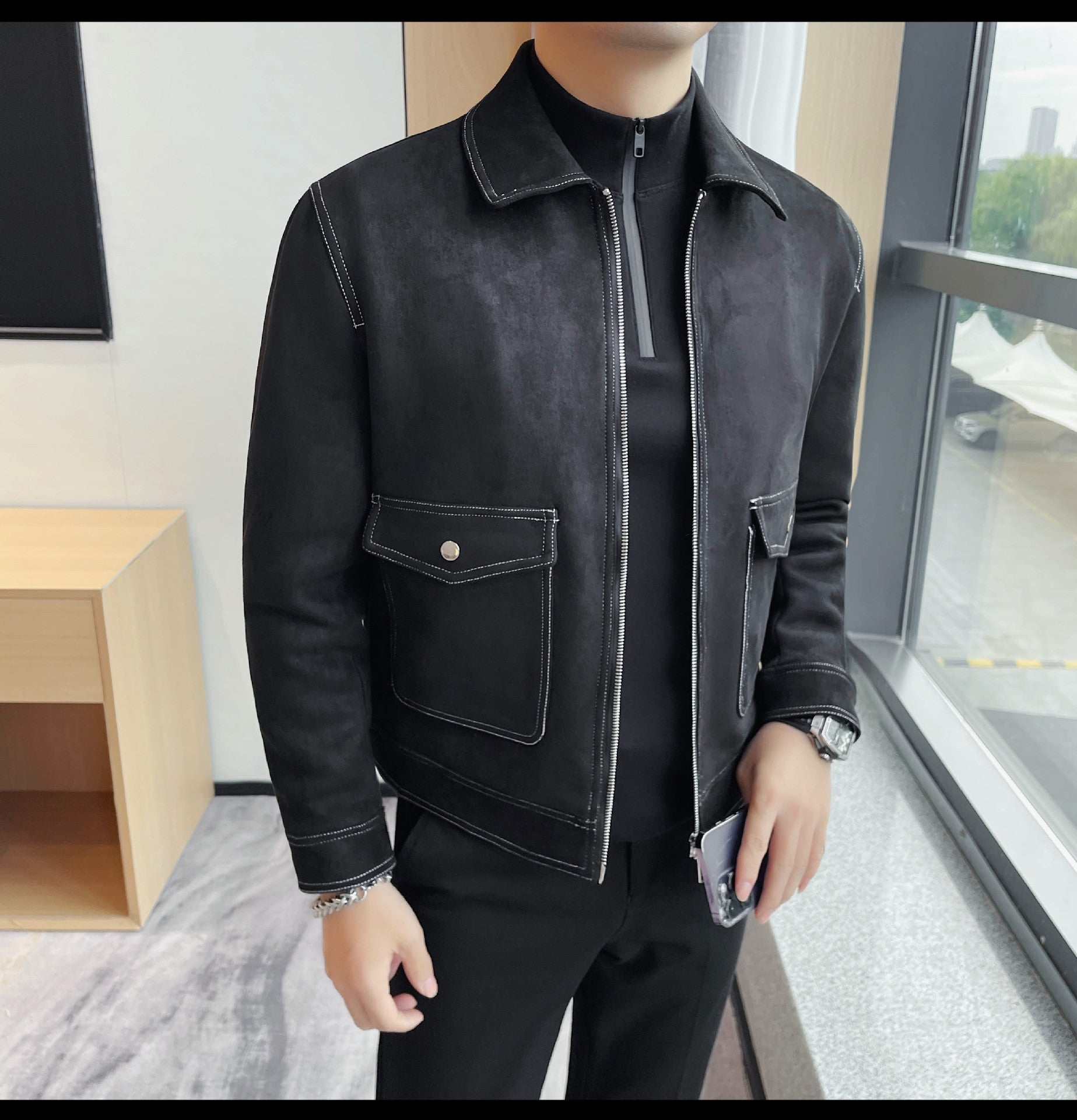 Autumn and Winter New Men's Jacket Coat Fur Fleece Large Pocket Lapel Solid Color Copper Zipper Casual Jacket Top