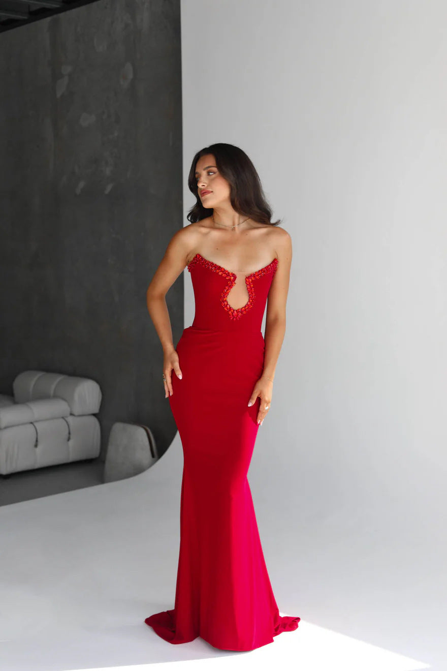 Amazon Women's 2025 Spring and Summer European and American Cross-border Red Diamond Bandage Evening Dress Women's Banquet Elegant Light Luxury