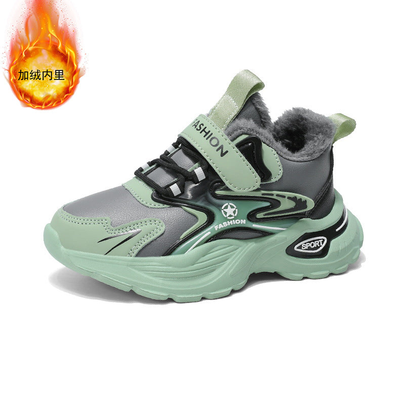 Autumn and Winter Leather Children's Sneakers, Boys' Fleece-Lined Cotton Shoes, Student Dad Shoes, Running Shoes, Warm Snow Boots, Children's Shoes