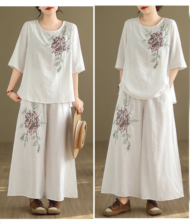 Spring and summer 2025 new round neck short sleeve embroidered cotton and linen top elastic waist nine casual wide leg pants two-piece set