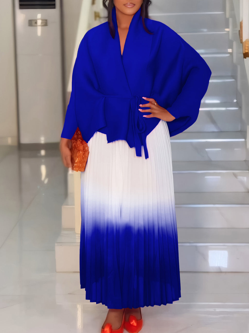C8610 African plus size Women's Spring New Fashion Strap Bat Sleeve Top Gradient Color-changing Skirt Two-piece Set
