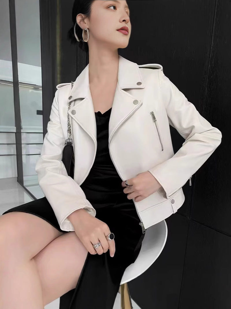 2025 Spring and Autumn New Korean Style Short Women's Pu Women's Large Size Leather Jacket Slim Motorcycle Jacket Small Leather Jacket