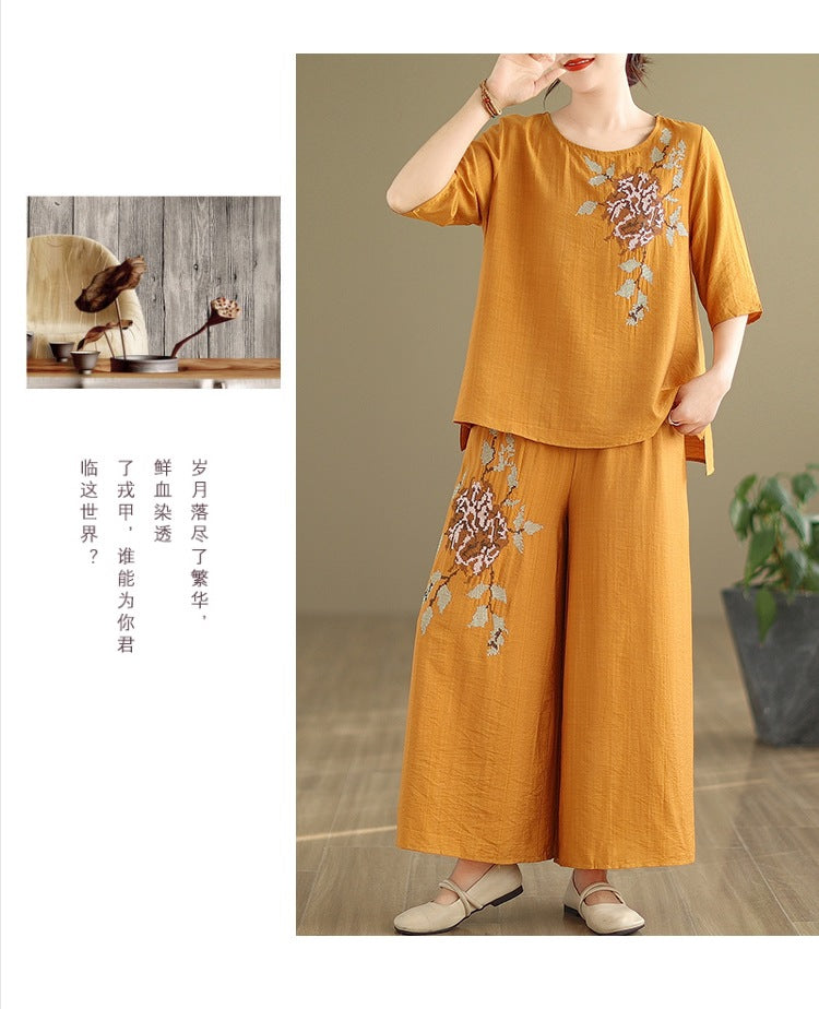 Spring and summer 2025 new round neck short sleeve embroidered cotton and linen top elastic waist nine casual wide leg pants two-piece set