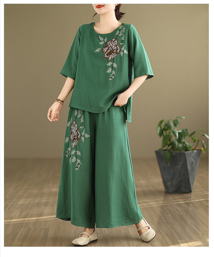 Spring and summer 2025 new round neck short sleeve embroidered cotton and linen top elastic waist nine casual wide leg pants two-piece set