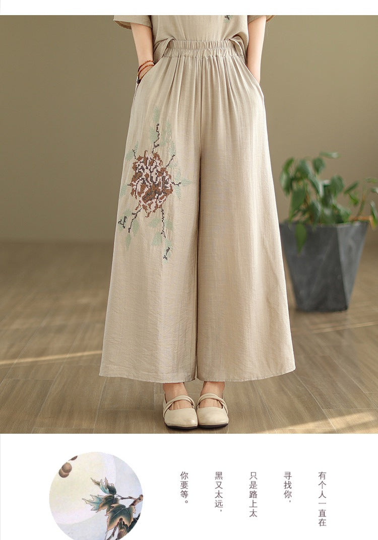 Spring and summer 2025 new round neck short sleeve embroidered cotton and linen top elastic waist nine casual wide leg pants two-piece set