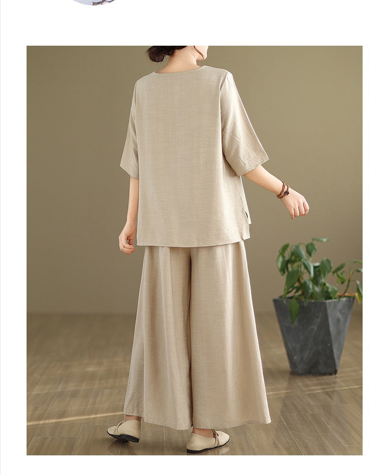 Spring and summer 2025 new round neck short sleeve embroidered cotton and linen top elastic waist nine casual wide leg pants two-piece set