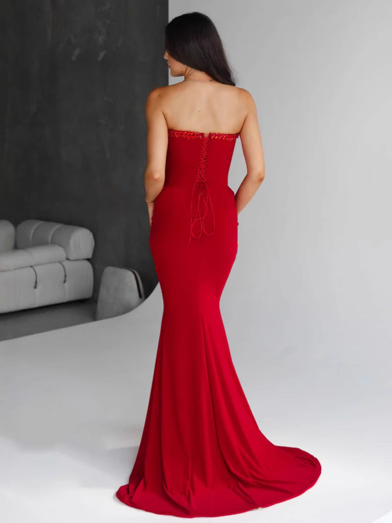 Amazon Women's 2025 Spring and Summer European and American Cross-border Red Diamond Bandage Evening Dress Women's Banquet Elegant Light Luxury