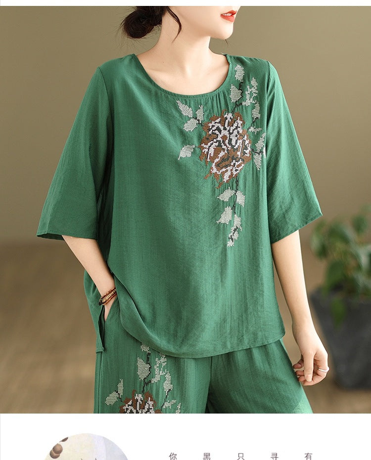 Spring and summer 2025 new round neck short sleeve embroidered cotton and linen top elastic waist nine casual wide leg pants two-piece set