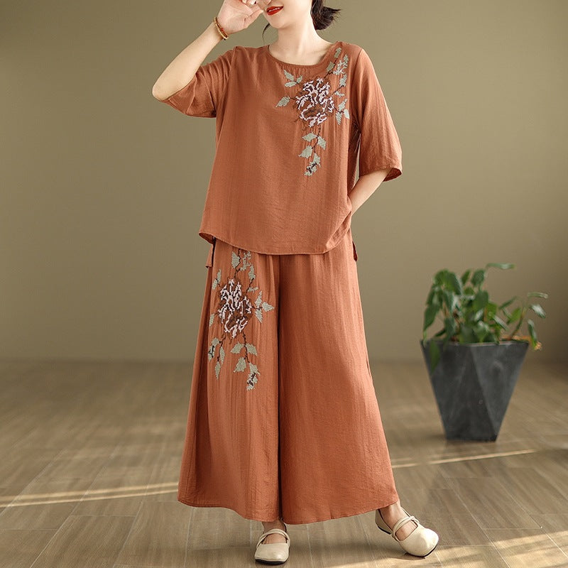 Spring and summer 2025 new round neck short sleeve embroidered cotton and linen top elastic waist nine casual wide leg pants two-piece set