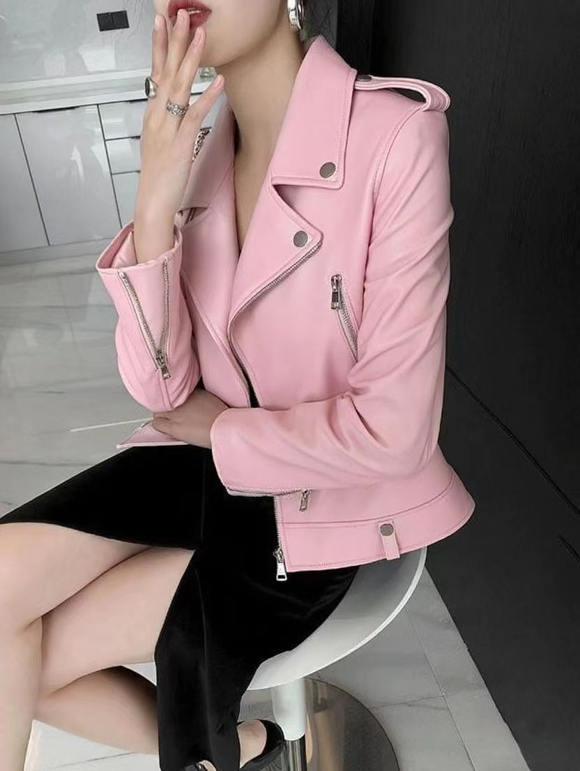 2025 Spring and Autumn New Korean Style Short Women's Pu Women's Large Size Leather Jacket Slim Motorcycle Jacket Small Leather Jacket