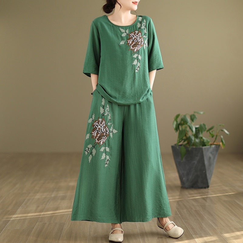 Spring and summer 2025 new round neck short sleeve embroidered cotton and linen top elastic waist nine casual wide leg pants two-piece set