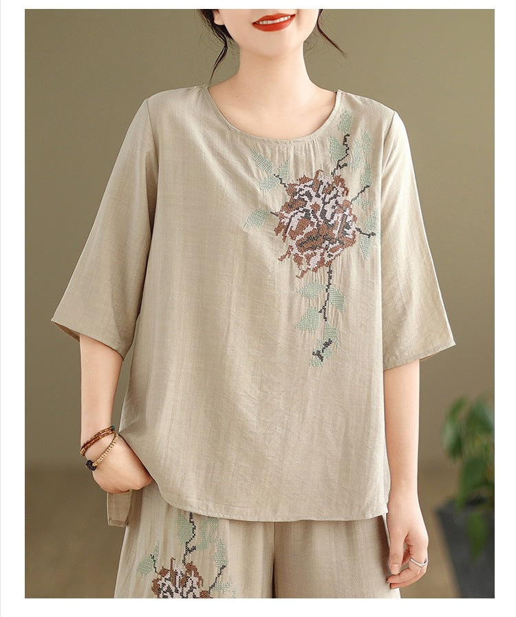 Spring and summer 2025 new round neck short sleeve embroidered cotton and linen top elastic waist nine casual wide leg pants two-piece set