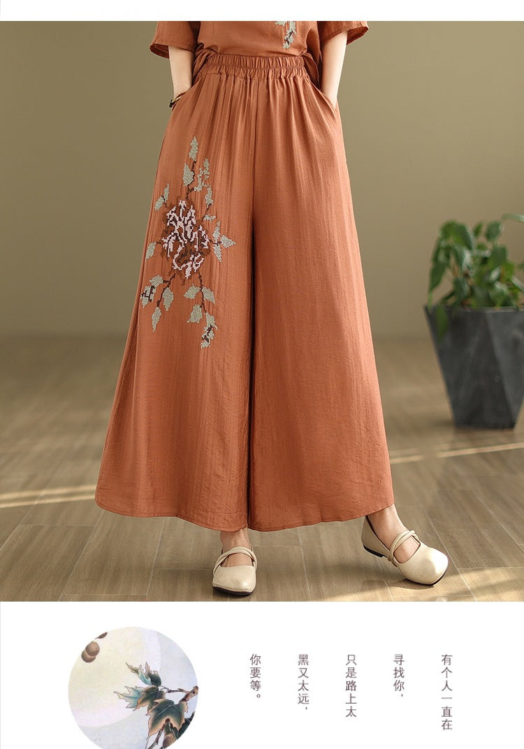 Spring and summer 2025 new round neck short sleeve embroidered cotton and linen top elastic waist nine casual wide leg pants two-piece set