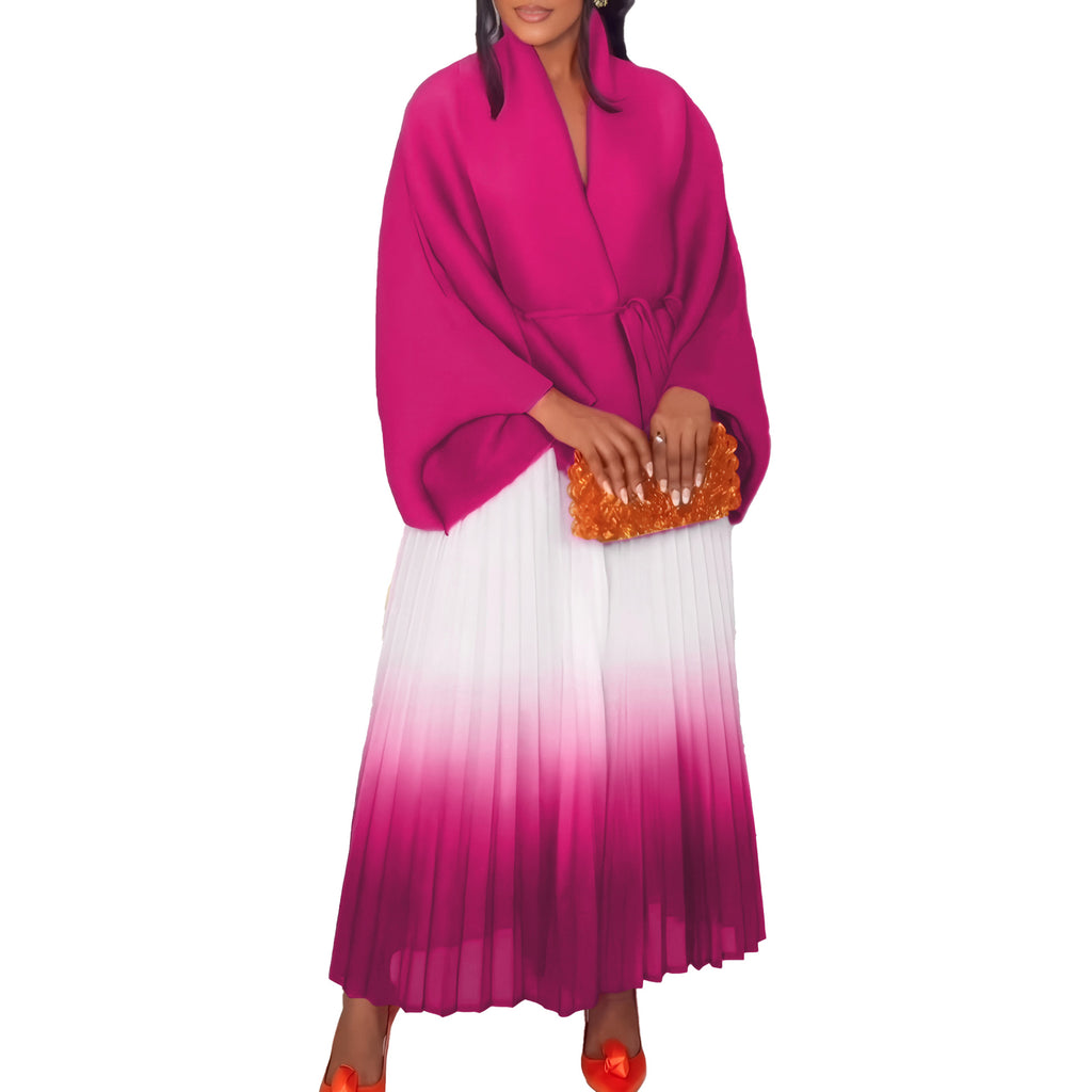 C8610 African Plus Size Women's Spring New Fashion Strap Batwing Top Gradient Color-changing Skirt Two-piece Set