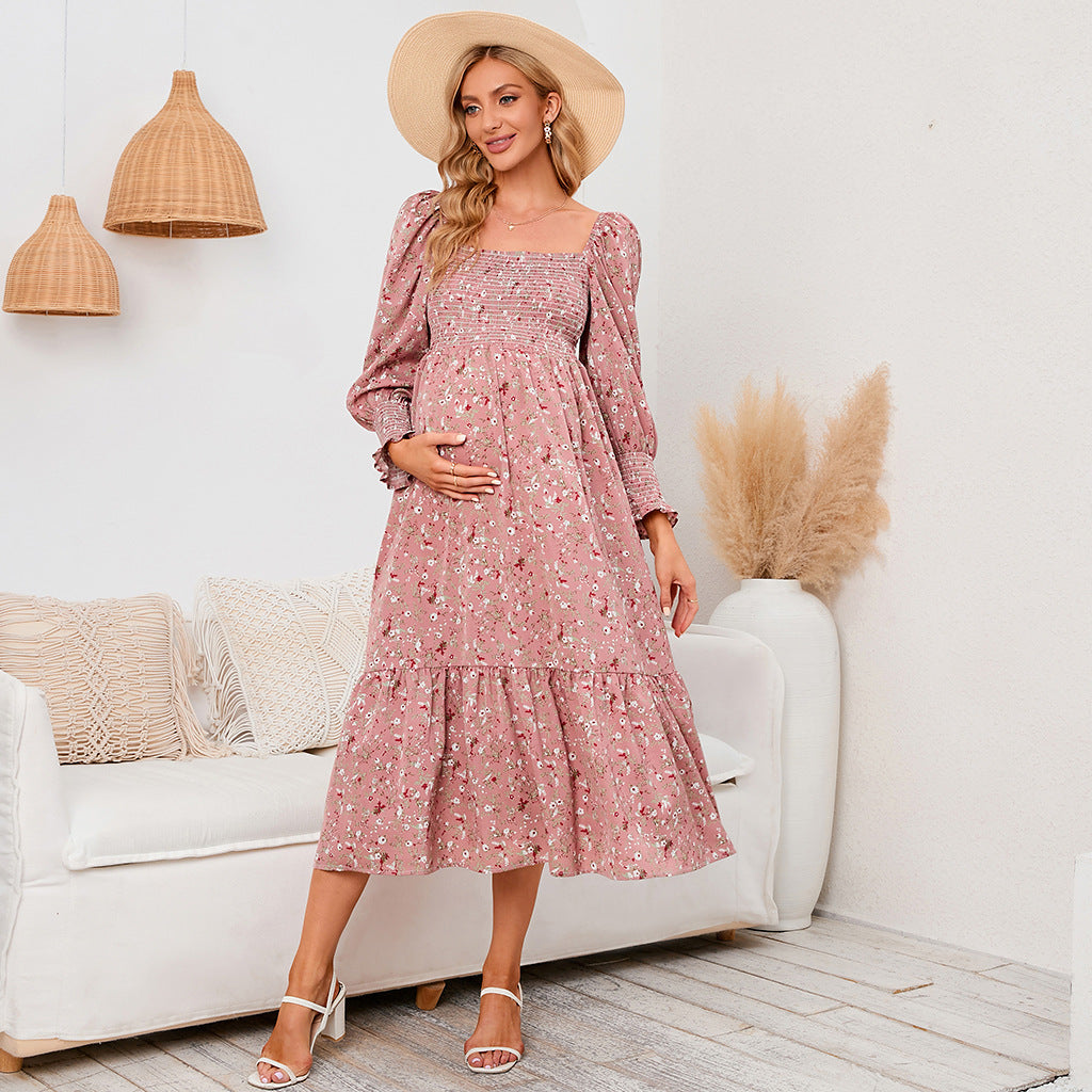 Swintager 2026 Spring New Maternity Chiffon Dress Small Floral Dress Amazon Long-Sleeved Dress