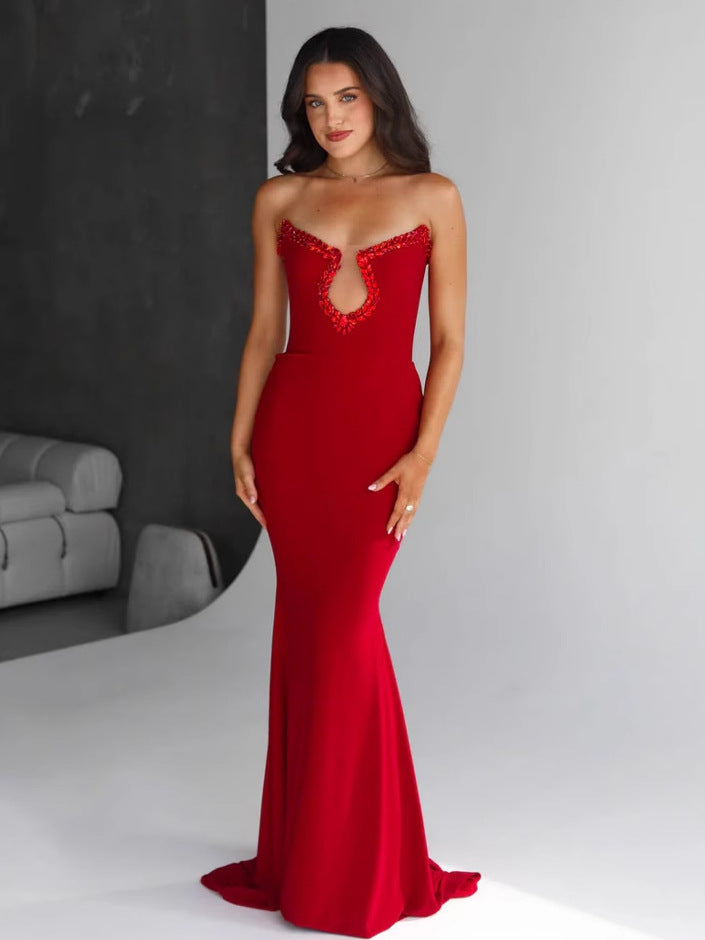 Amazon Women's 2025 Spring and Summer European and American Cross-border Red Diamond Bandage Evening Dress Women's Banquet Elegant Light Luxury