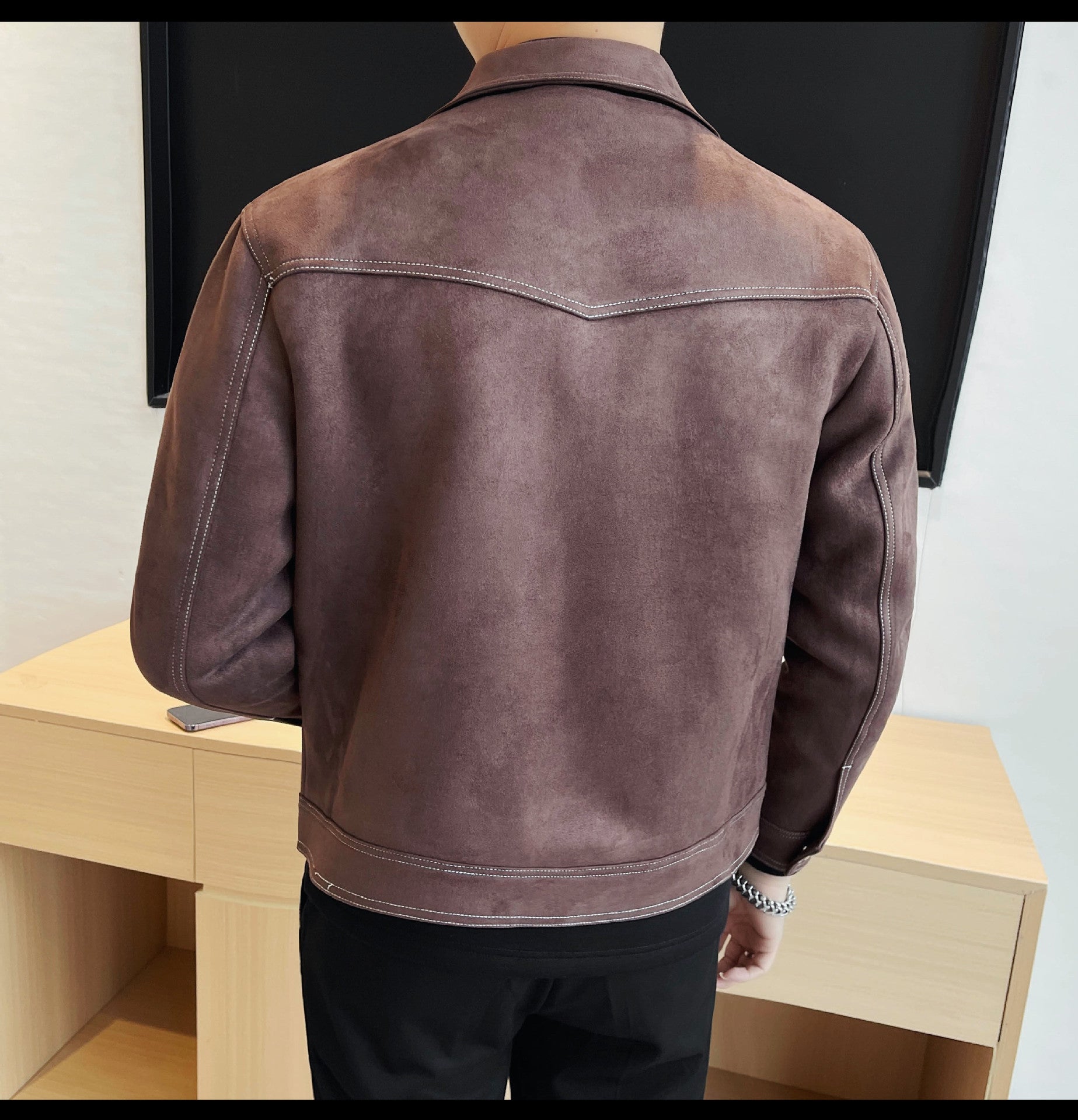 Autumn and Winter New Men's Jacket Coat Fur Fleece Large Pocket Lapel Solid Color Copper Zipper Casual Jacket Top