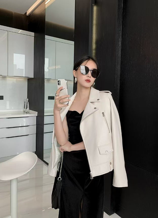 2025 Spring and Autumn New Korean Style Short Women's Pu Women's Large Size Leather Jacket Slim Motorcycle Jacket Small Leather Jacket