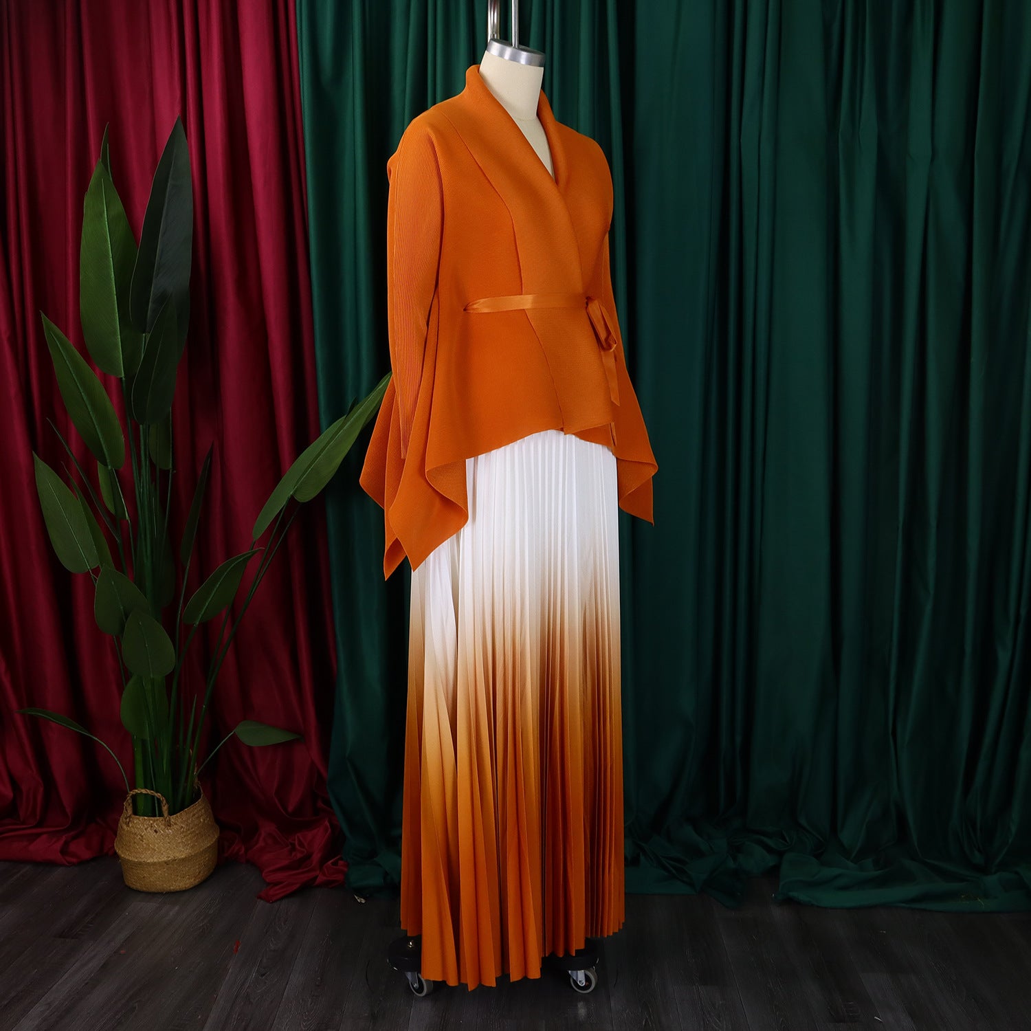 C8610 African Plus Size Women's Spring New Fashion Strap Batwing Top Gradient Color-changing Skirt Two-piece Set