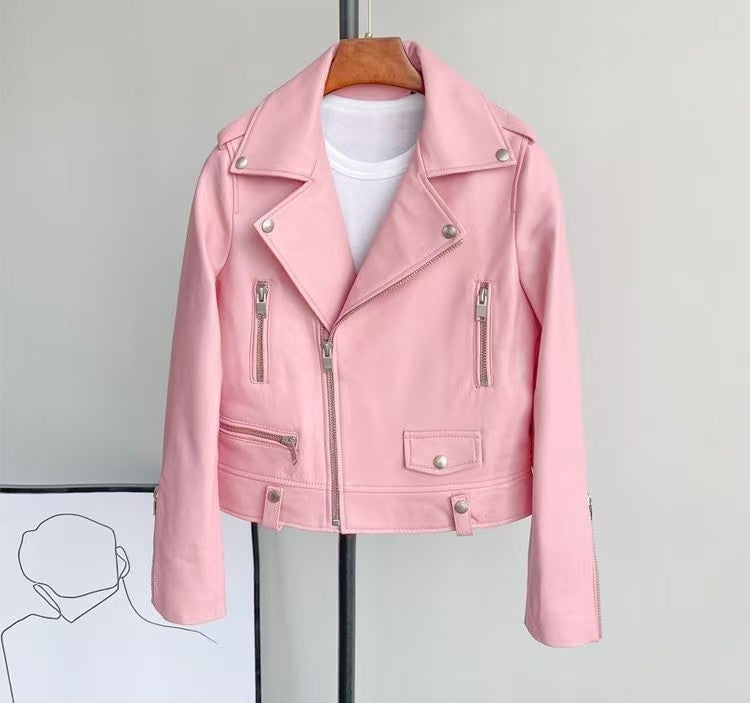 2025 Spring and Autumn New Korean Style Short Women's Pu Women's Large Size Leather Jacket Slim Motorcycle Jacket Small Leather Jacket