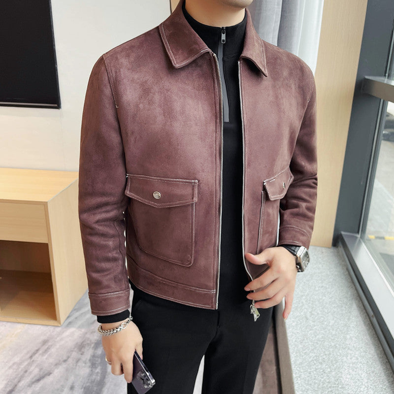 Autumn and Winter New Men's Jacket Coat Fur Fleece Large Pocket Lapel Solid Color Copper Zipper Casual Jacket Top