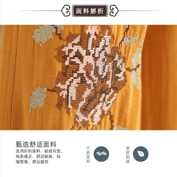 Spring and summer 2025 new round neck short sleeve embroidered cotton and linen top elastic waist nine casual wide leg pants two-piece set