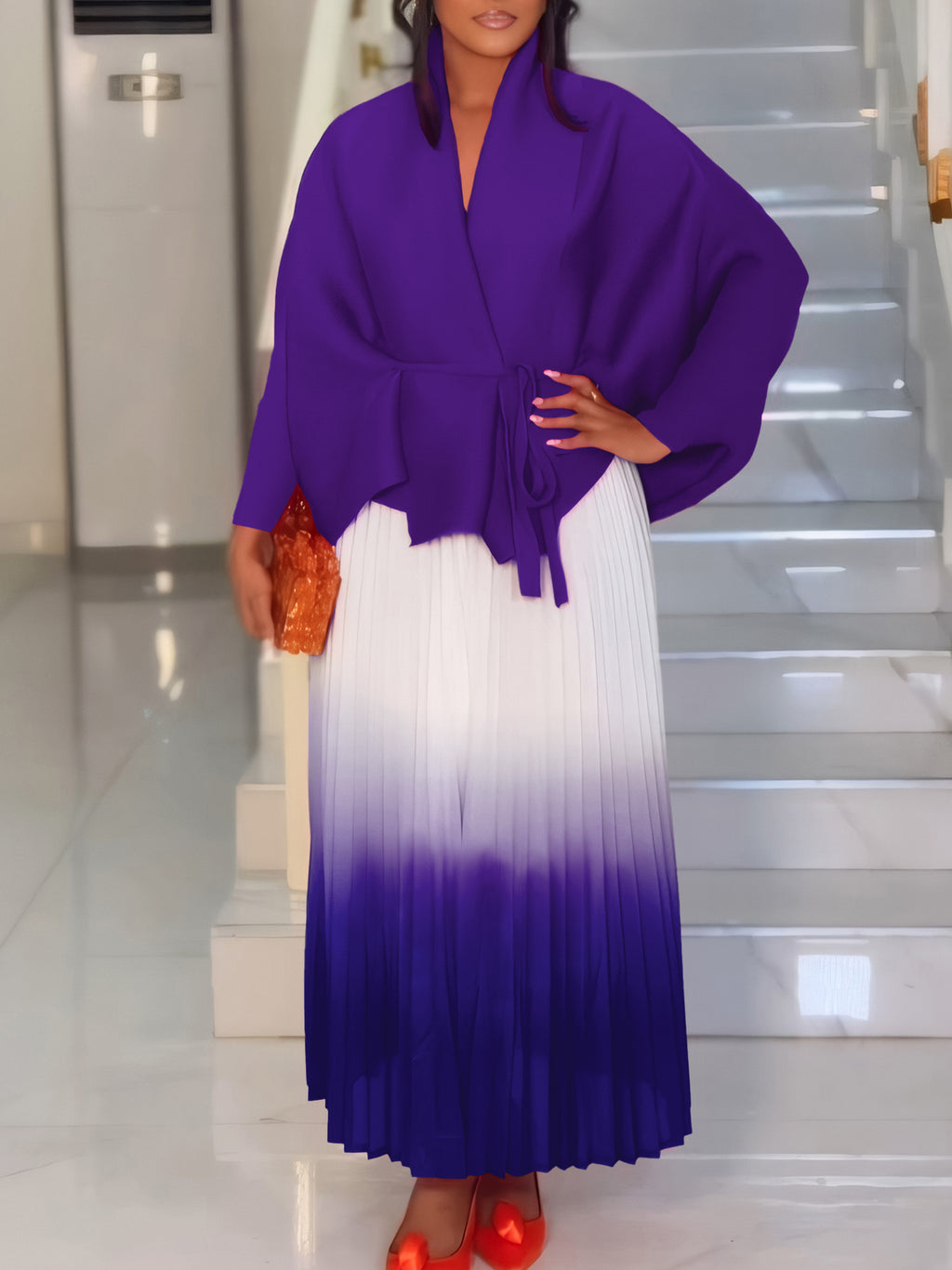 C8610 African Plus Size Women's Spring New Fashion Strap Batwing Top Gradient Color-changing Skirt Two-piece Set