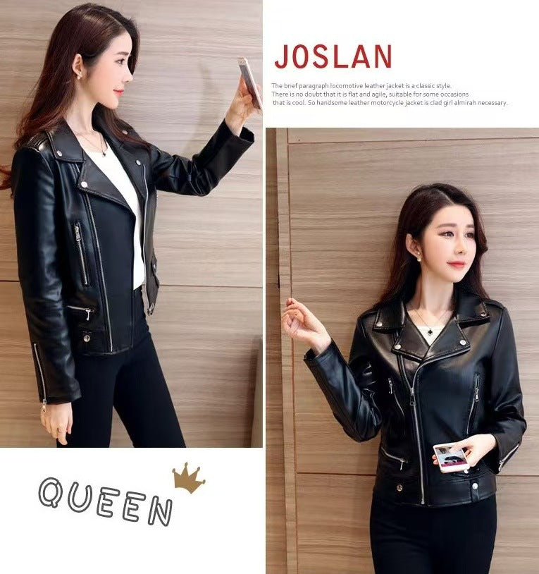 2025 Spring and Autumn New Korean Style Short Women's Pu Women's Large Size Leather Jacket Slim Motorcycle Jacket Small Leather Jacket