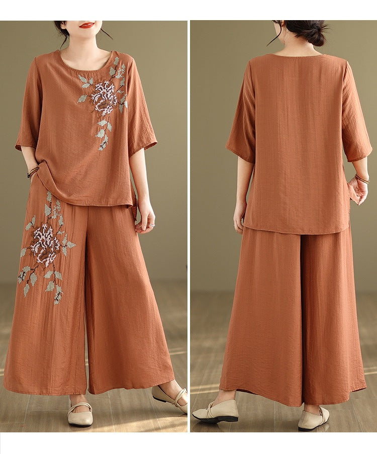 Spring and summer 2025 new round neck short sleeve embroidered cotton and linen top elastic waist nine casual wide leg pants two-piece set